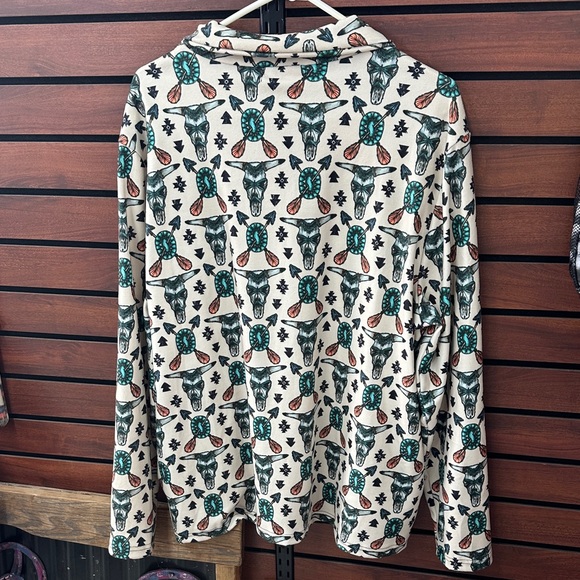 Sterling Kreek Thread Beige Western Skull Print Quarter Zip - Picture 4 of 6